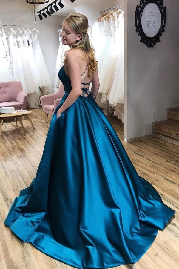 Amazon.com: Topbeals Women's Spaghetti Straps Prom Dresses V-Neck Long Satin  Slit A-Line Formal Evening Party Gown with Pockets Custom Aqua Blue :  Clothing, Shoes & Jewelry